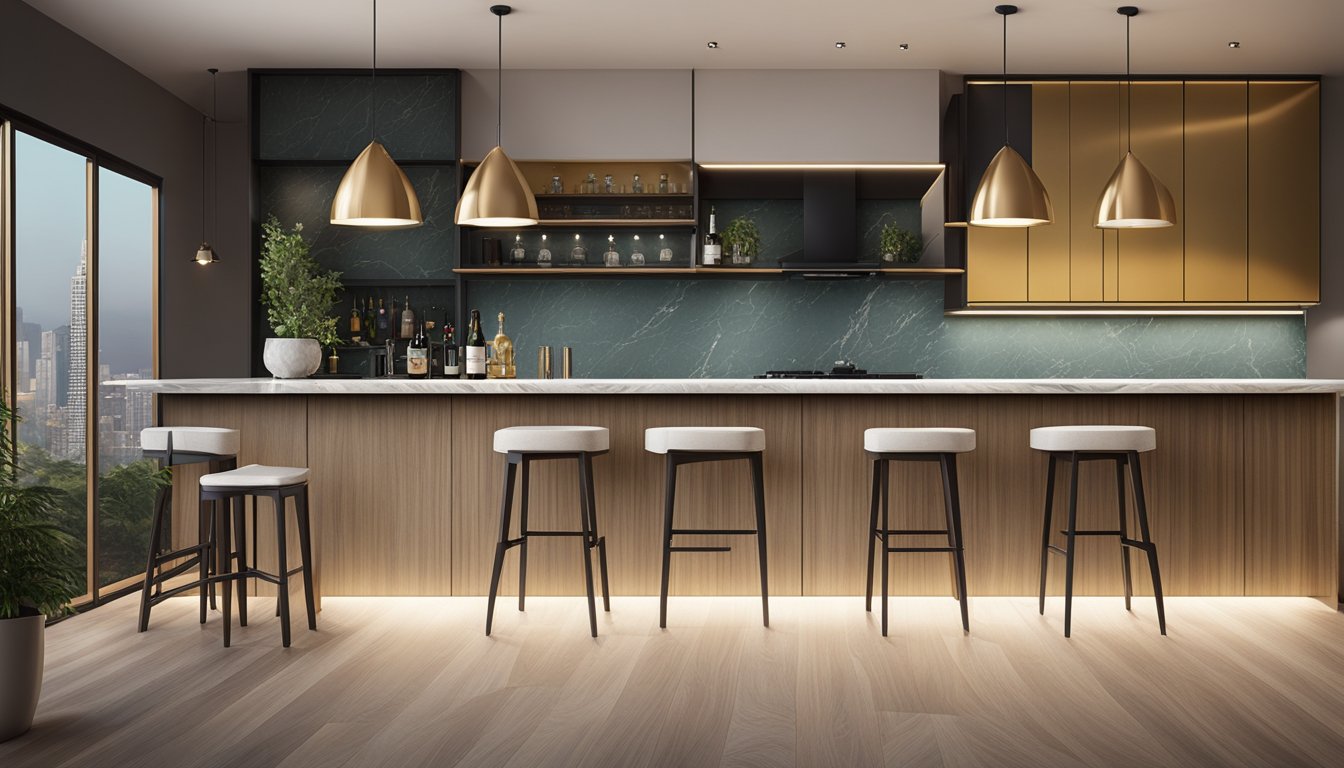 A sleek and modern HDB bar counter with a marble top, wooden base, and stylish pendant lighting