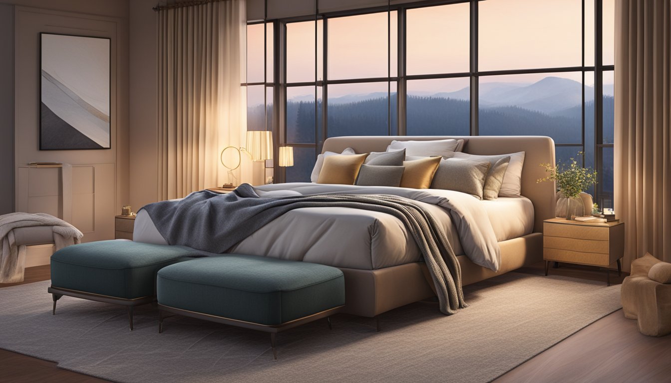 A luxurious mattress sits atop a sleek bed frame, surrounded by plush pillows and a soft, cozy blanket. The room is bathed in warm, inviting light, creating a sense of comfort and relaxation