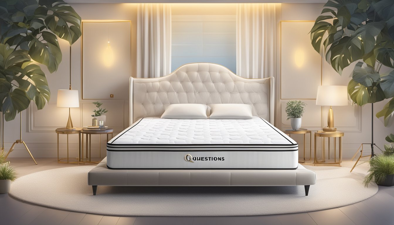 A luxurious mattress surrounded by question marks and a spotlight, with a banner reading "Frequently Asked Questions" above it