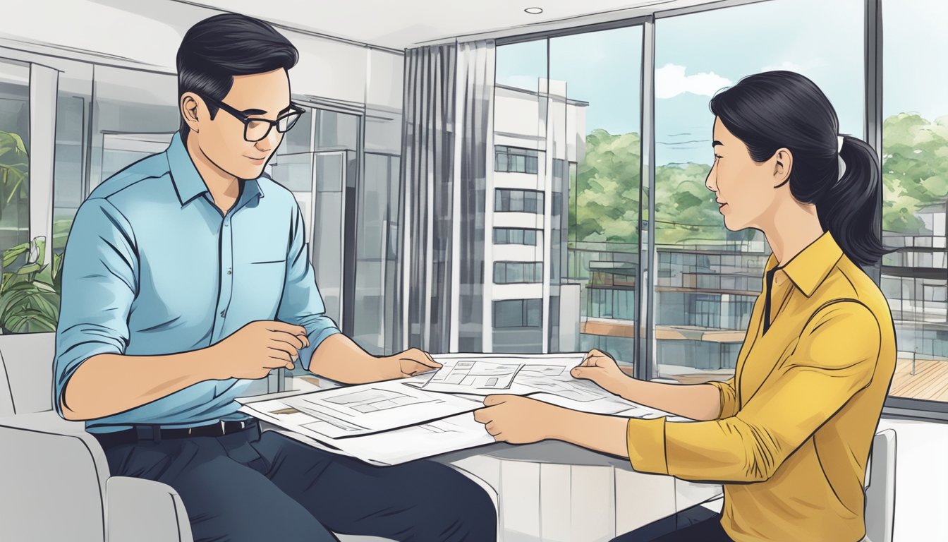 A real estate agent in Singapore showing a client various properties. The agent discusses pricing and negotiates deals