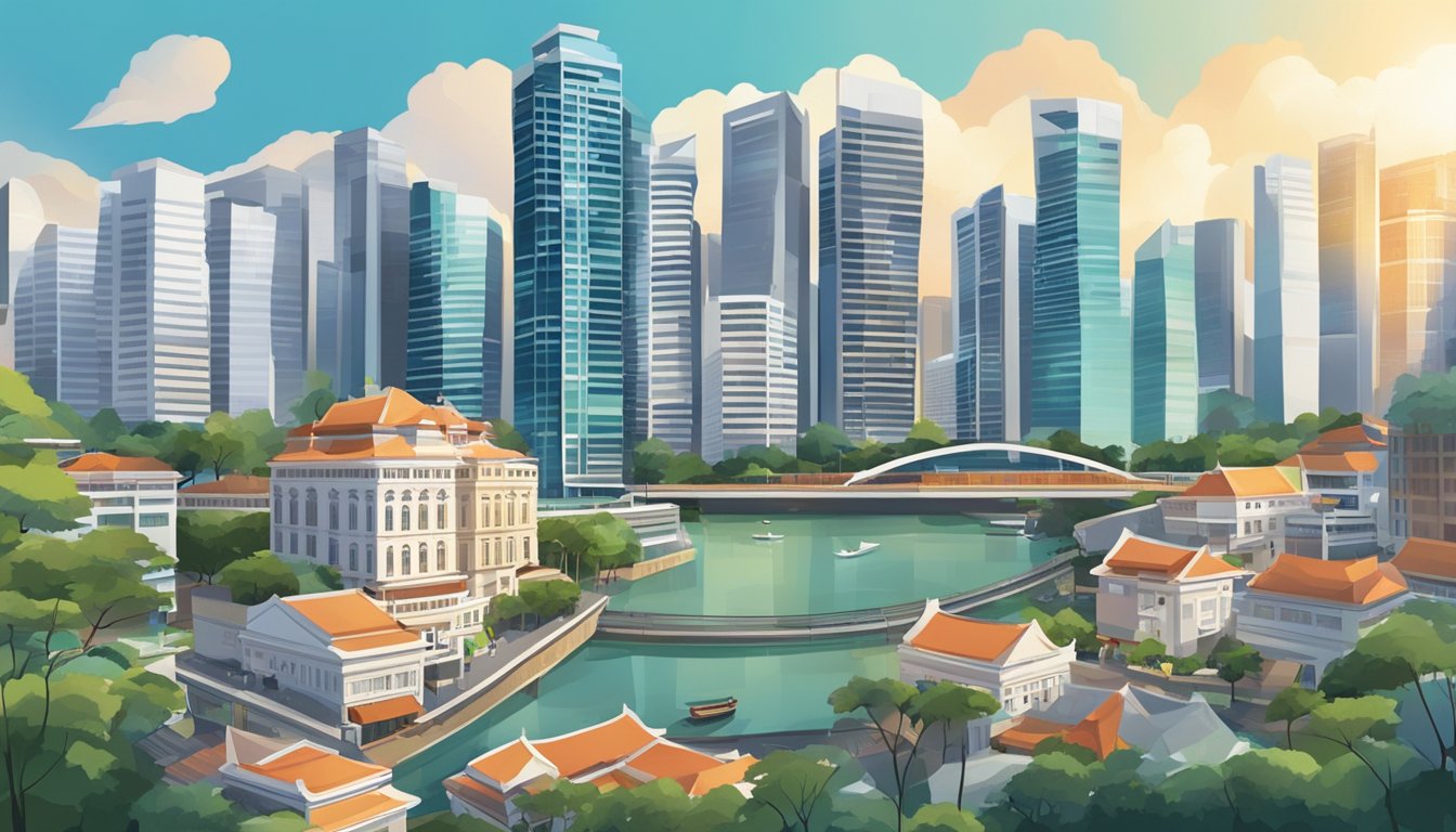 A bustling Singapore cityscape with skyscrapers and real estate signs, showcasing the thriving property market