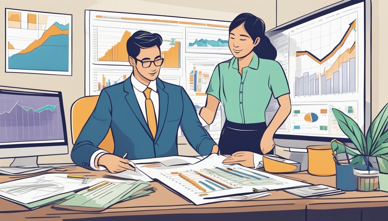 A real estate agent in Singapore reviews their career progression and potential earnings, surrounded by charts and graphs showing income growth
