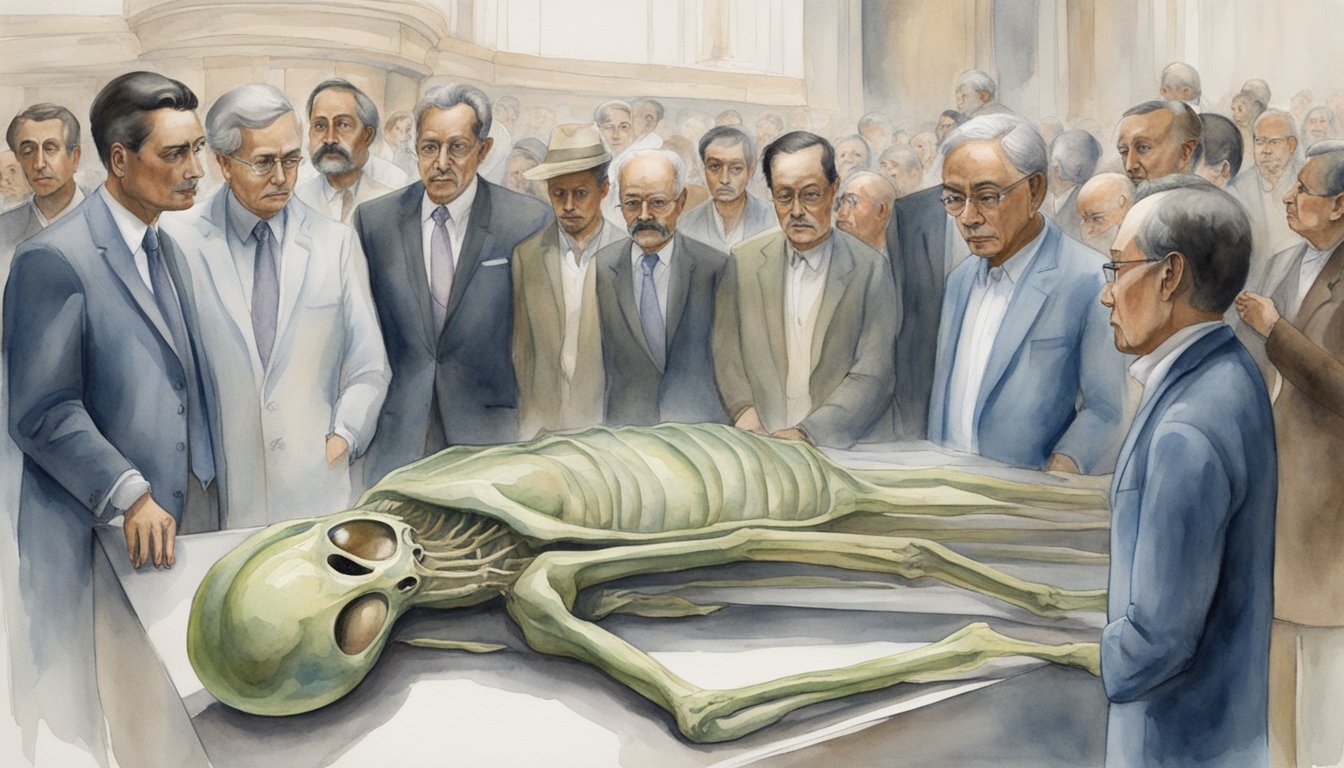 An alien corpse lies on display in the Mexican Congress, surrounded by curious onlookers and scientists examining its mysterious features