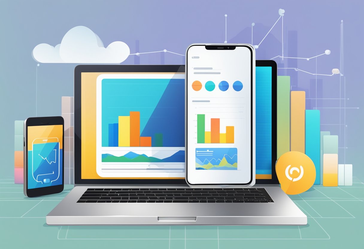 A laptop displaying social media ads, a smartphone with a marketing app, and a graph showing website traffic growth