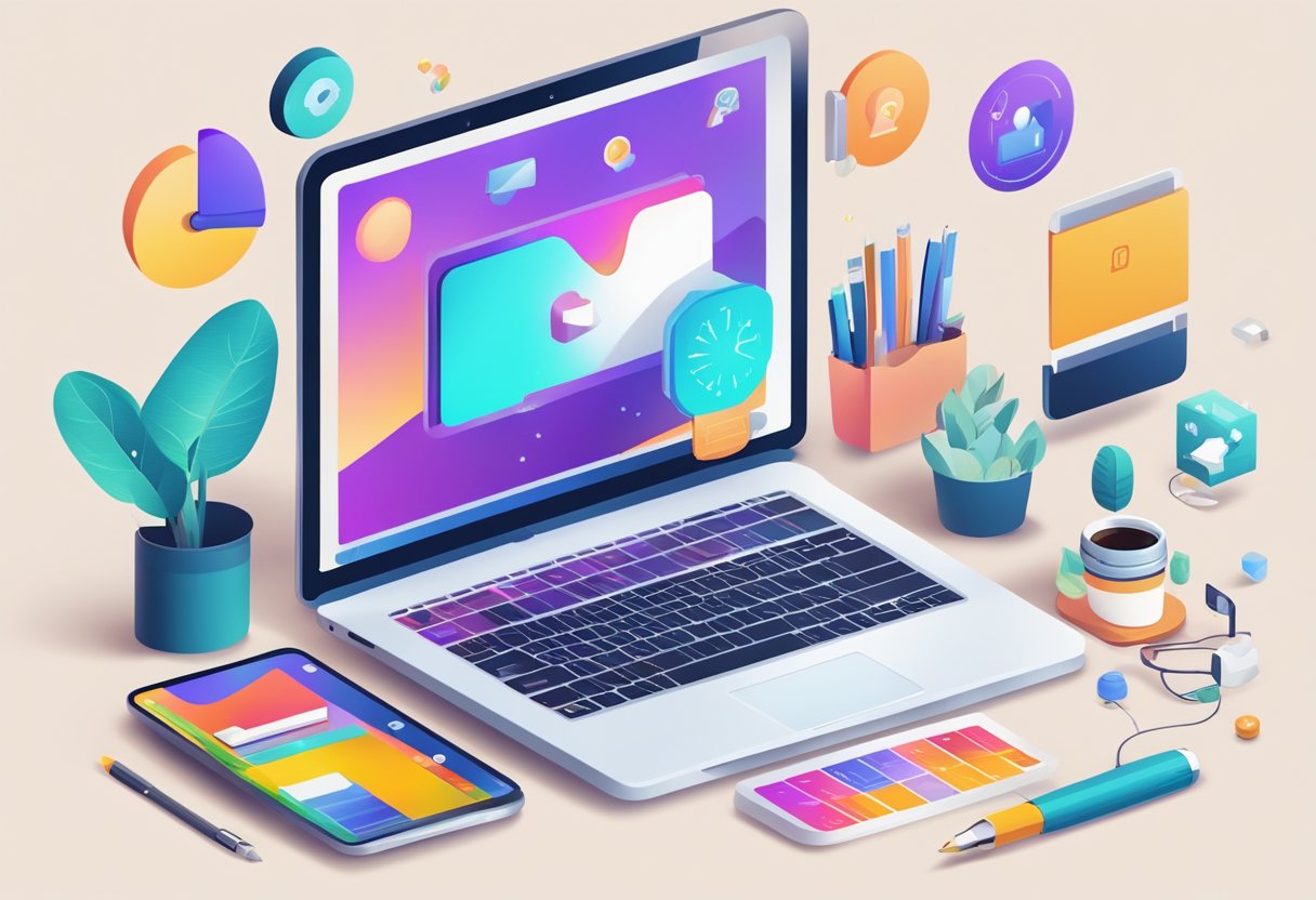A laptop surrounded by various digital marketing tools and icons, with a creative and vibrant color palette