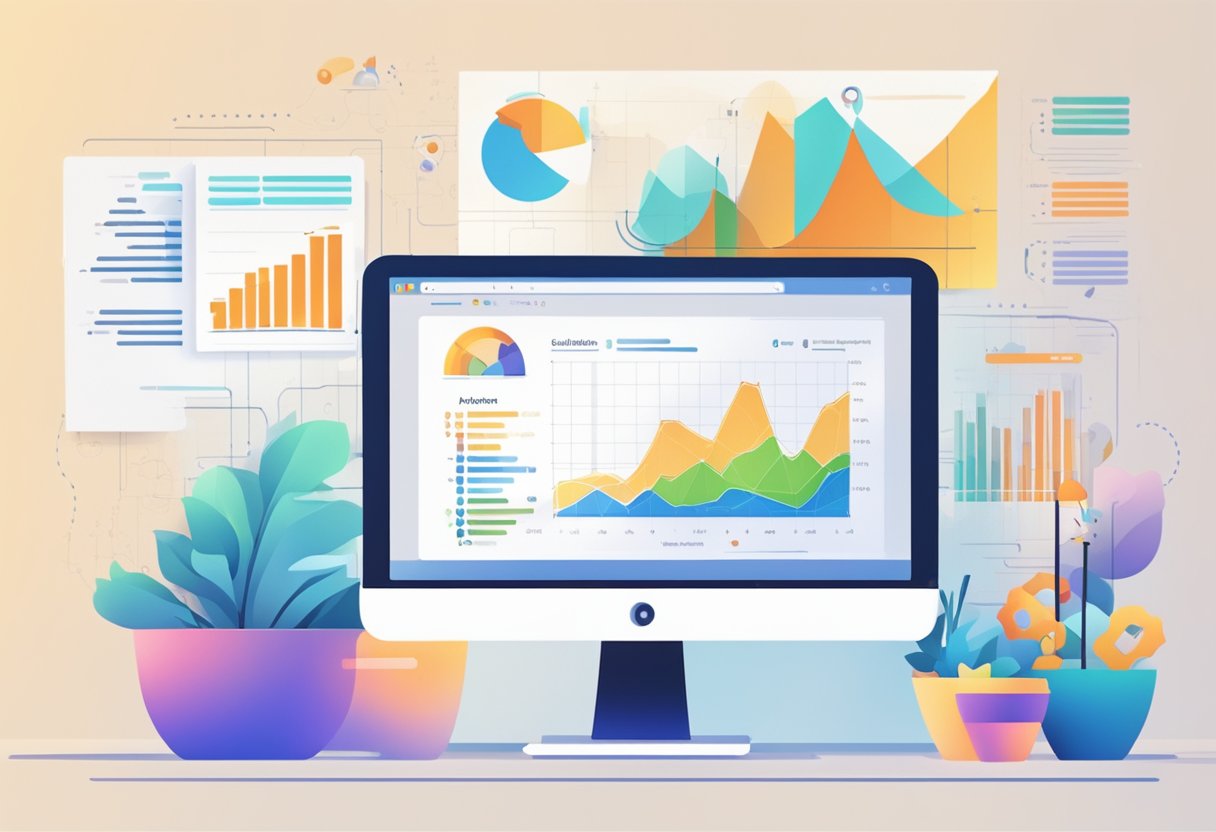 A computer screen showing data analytics graphs and charts with a digital marketing campaign in progress