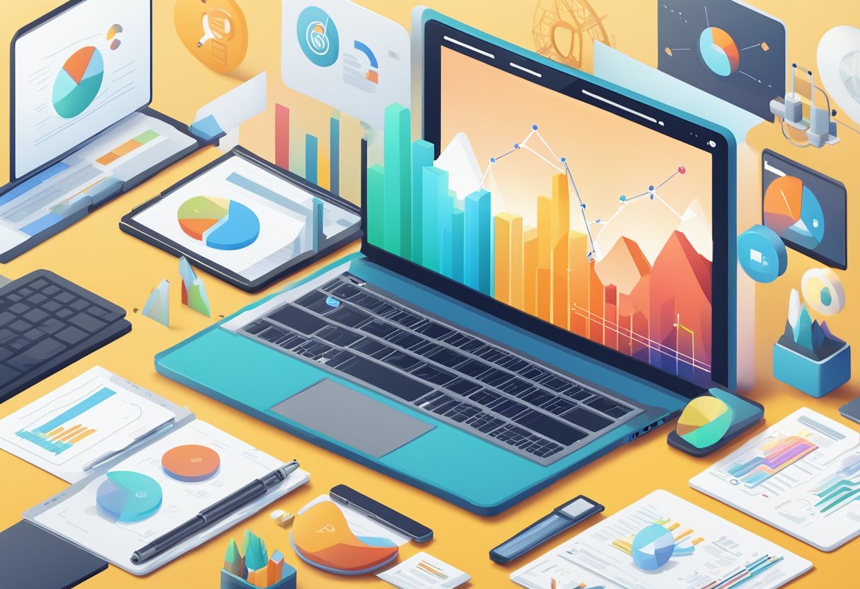 A laptop surrounded by various digital marketing tools and icons, with a graph showing an upward trend in the background