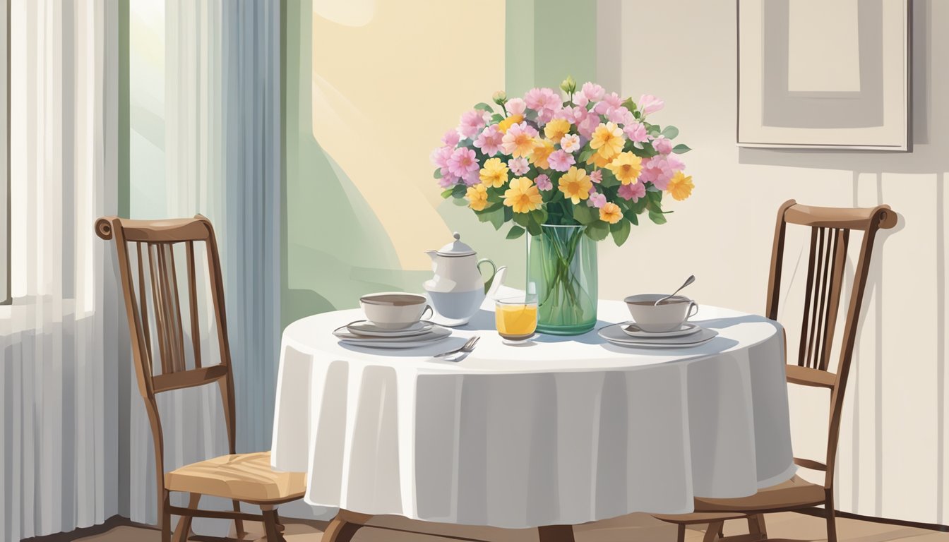 A small eating table with two chairs, set with a simple tablecloth and a vase of flowers in the center