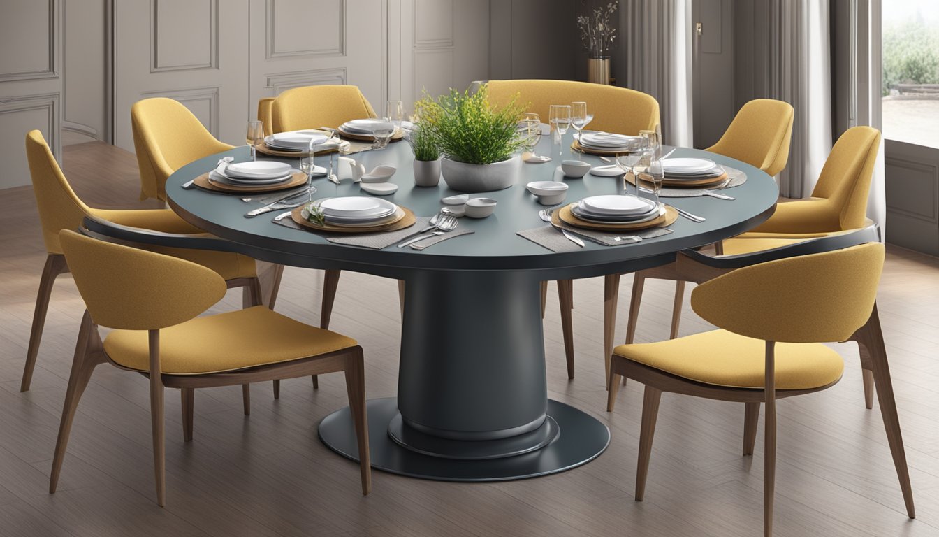 A round dining table surrounded by chairs