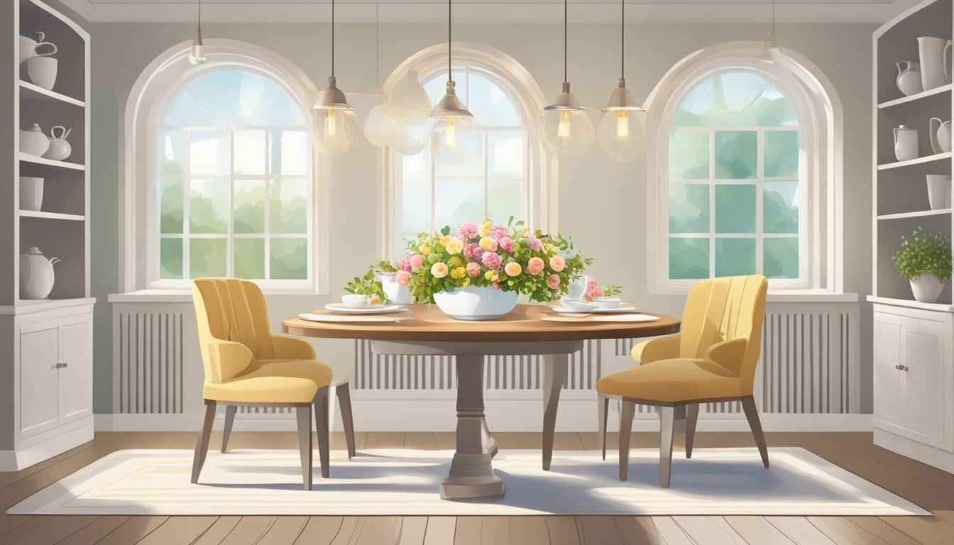 A small dining table set with elegant tableware and a centerpiece of fresh flowers, surrounded by comfortable chairs in a well-lit room