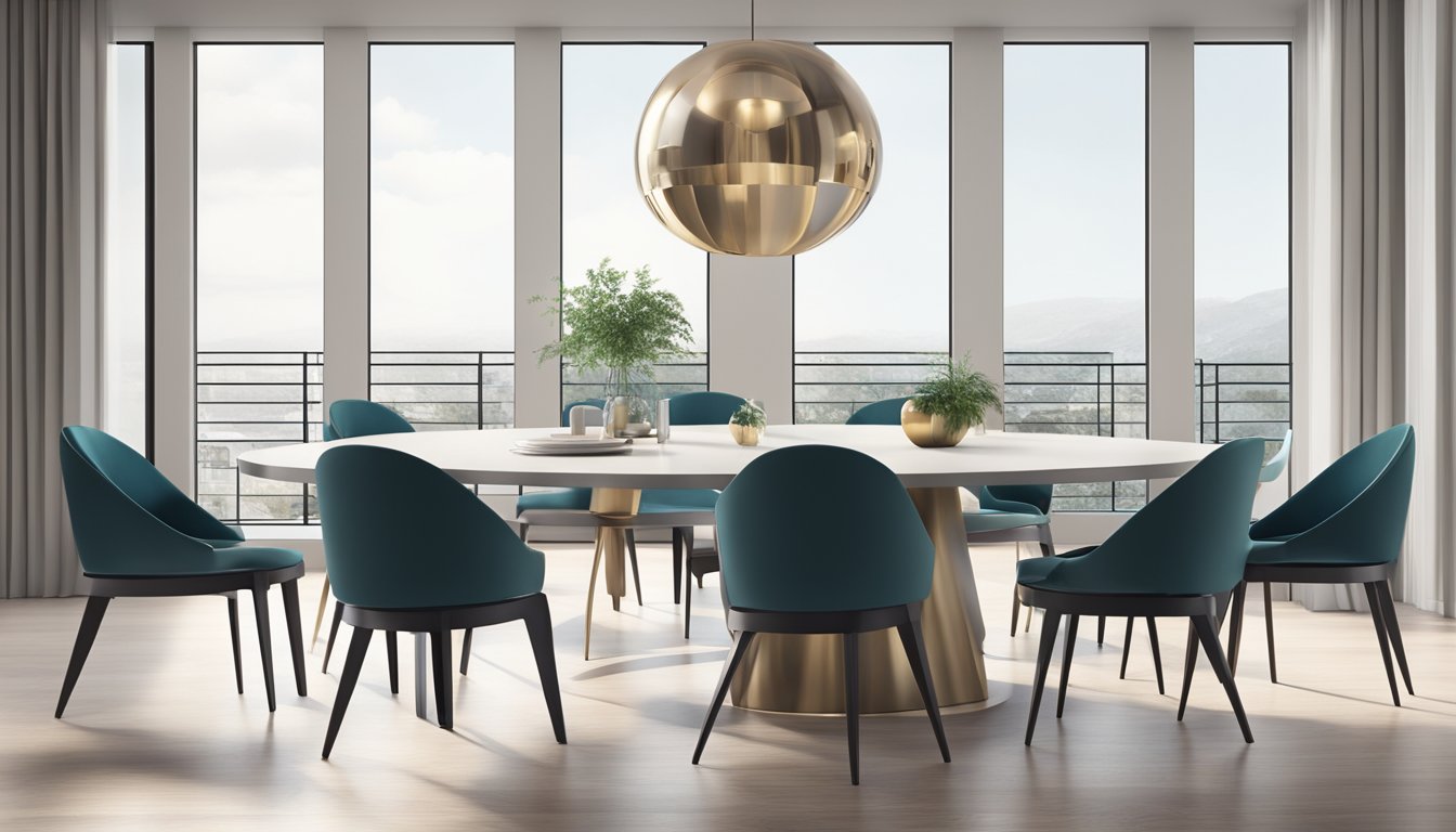 A round dining table with sleek, modern design, surrounded by matching chairs. Clean lines and minimalist aesthetic