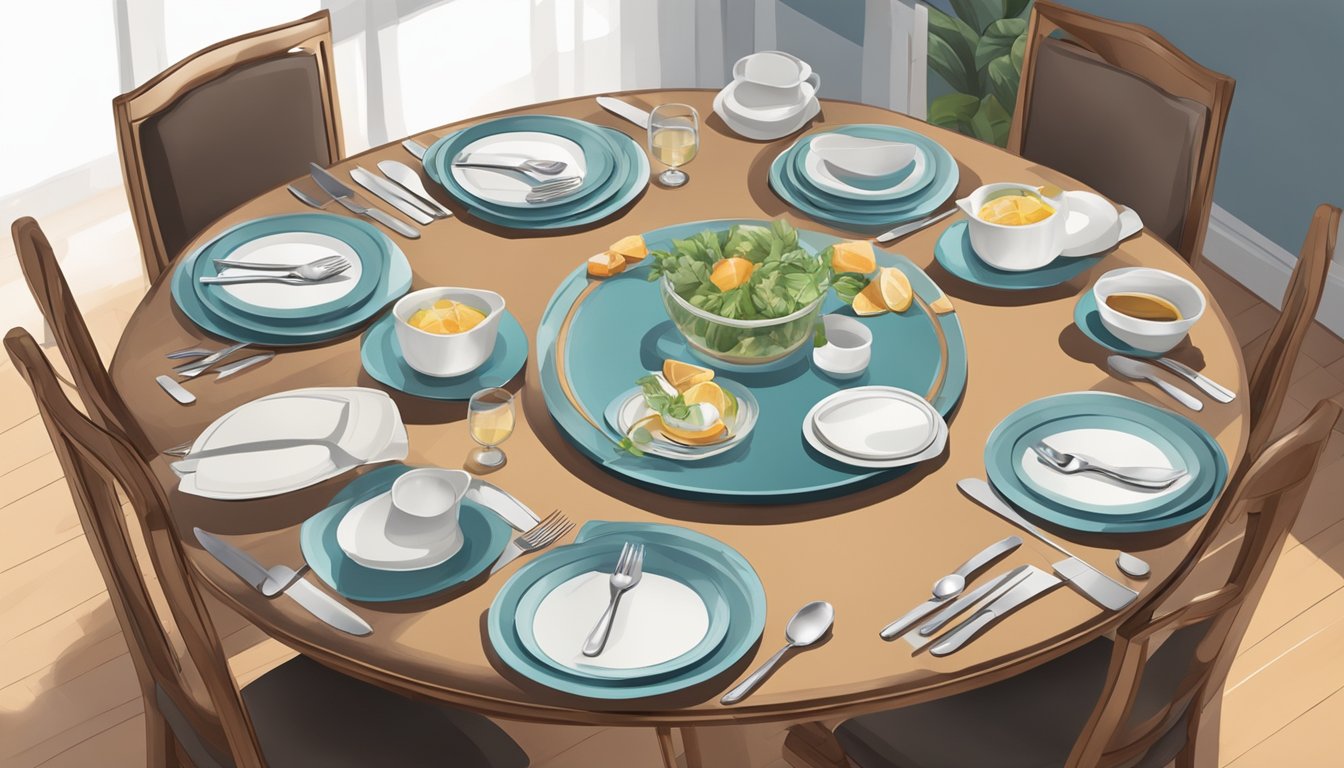 A round dining table with chairs arranged neatly around it, set with placemats, cutlery, and a centerpiece