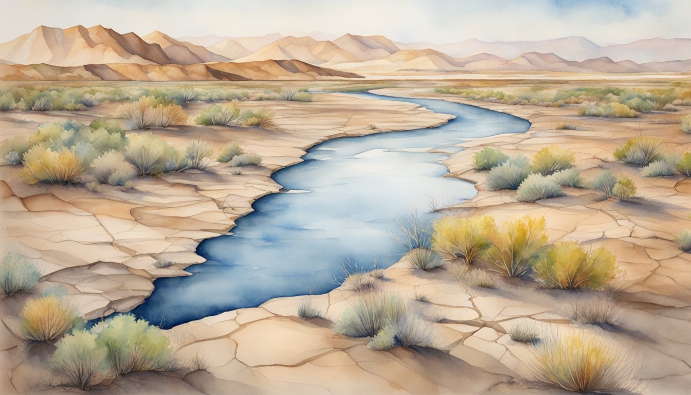 The parched Colorado River basin reveals cracked earth, dry riverbeds, and withered vegetation, symbolizing the severity of the water crisis