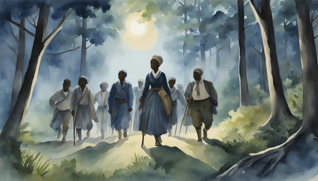 Harriet Tubman leading a group of escaped slaves through the dense forest at night, guided by the North Star