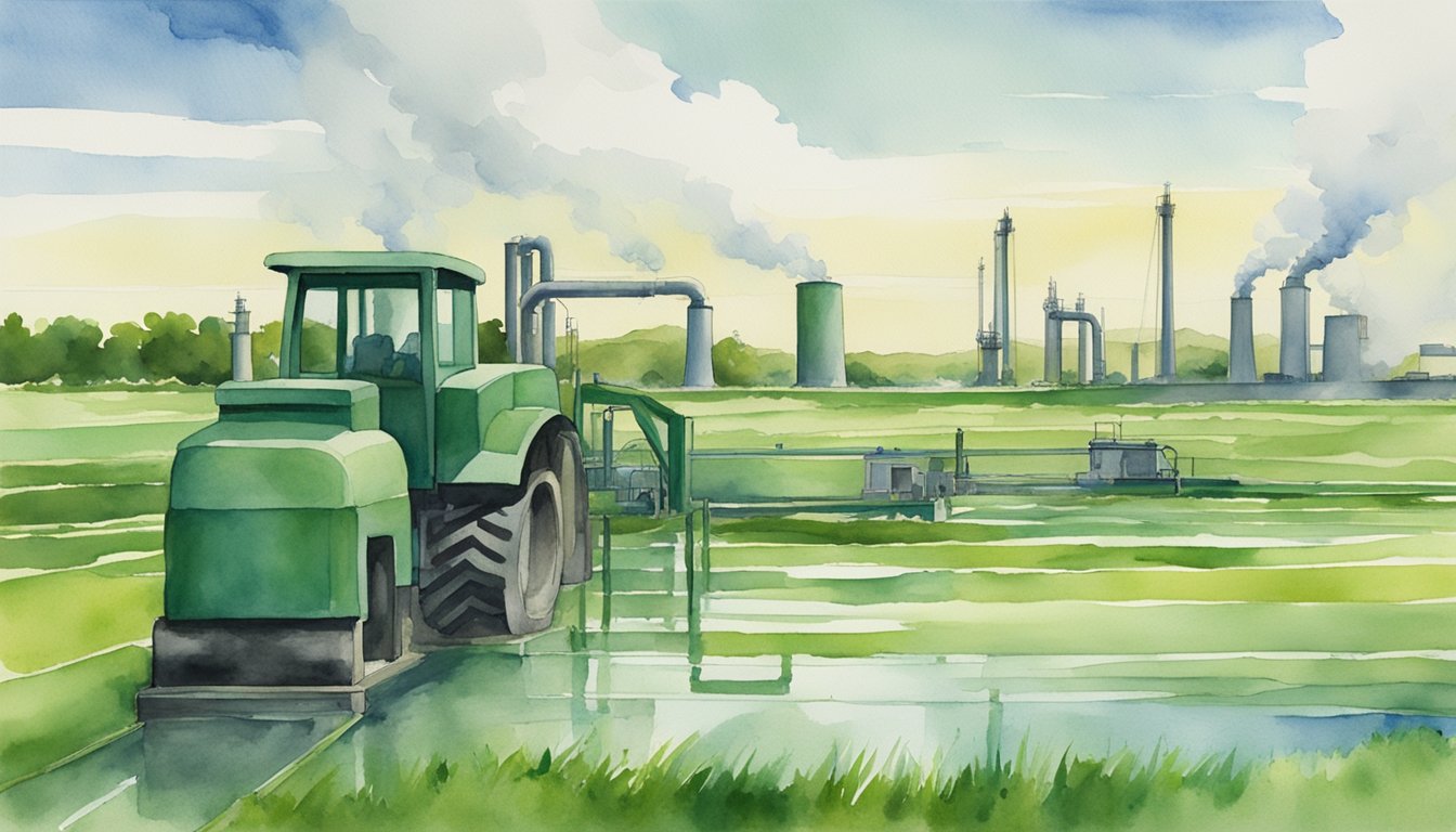 Lush green fields surrounded by industrial machinery.</p><p>Chemical runoff flows into nearby water sources