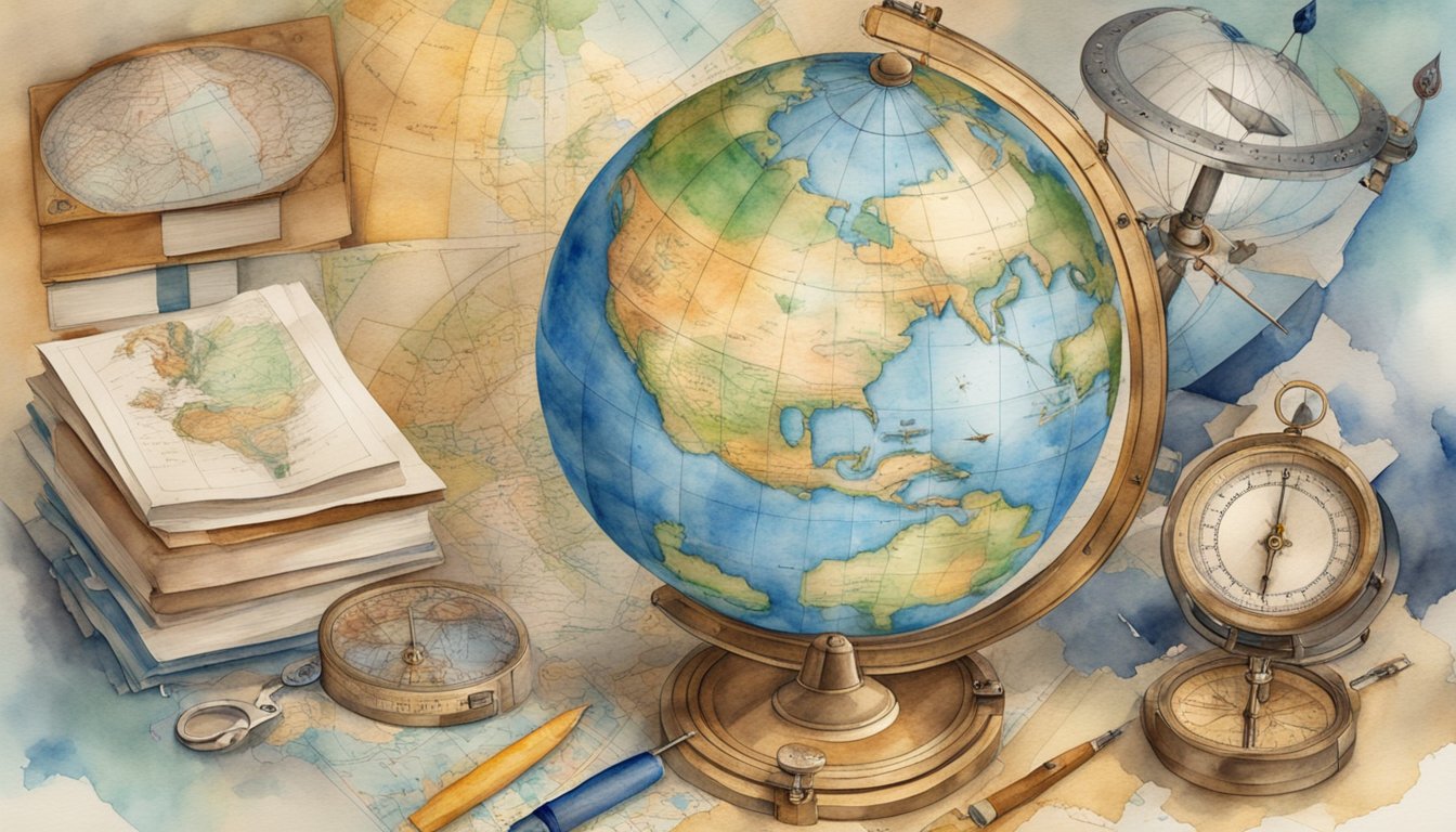 A globe surrounded by various maps, compasses, and navigational tools, highlighting the advancements in world mapping accuracy