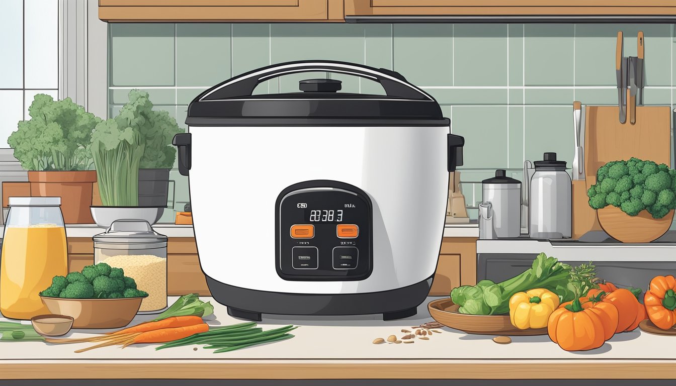 A rice cooker sits on a kitchen countertop, steam rising from its lid. Surrounding it are ingredients like rice, vegetables, and seasonings, ready to be added and cooked