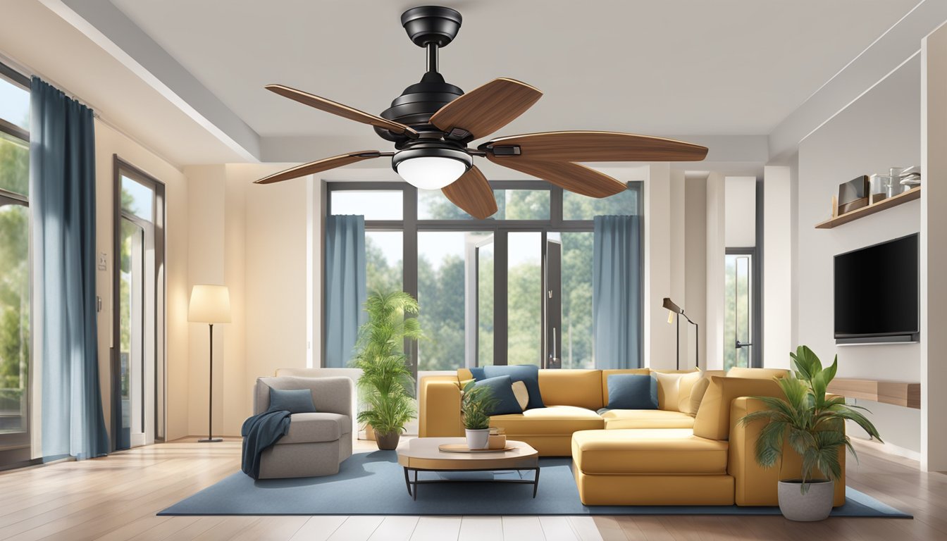 A ceiling fan with a light fixture and a remote control