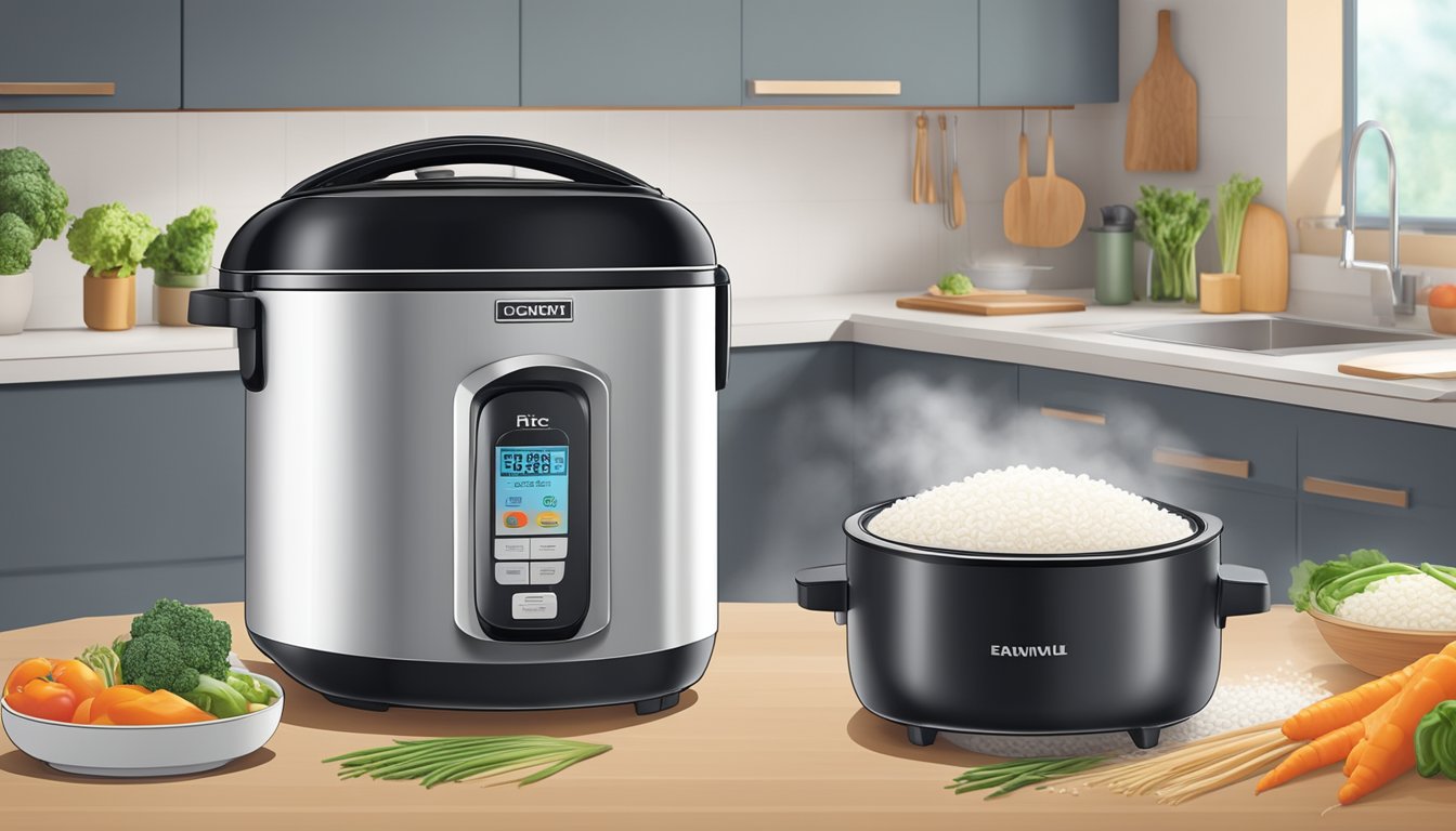 A rice cooker sits on a clean kitchen counter, steam rising from the lid. Ingredients like rice, vegetables, and seasoning are neatly arranged nearby