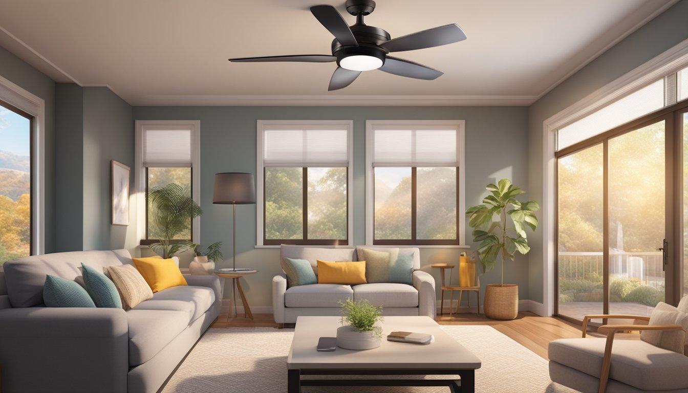 A hand reaches up to adjust the sleek, modern ceiling fan with light and remote, set against a backdrop of a cozy living room