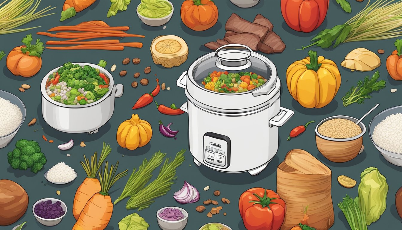 A rice cooker bubbling with colorful and flavorful ingredients, emitting a tantalizing aroma. Ingredients like vegetables, meats, and spices are scattered nearby