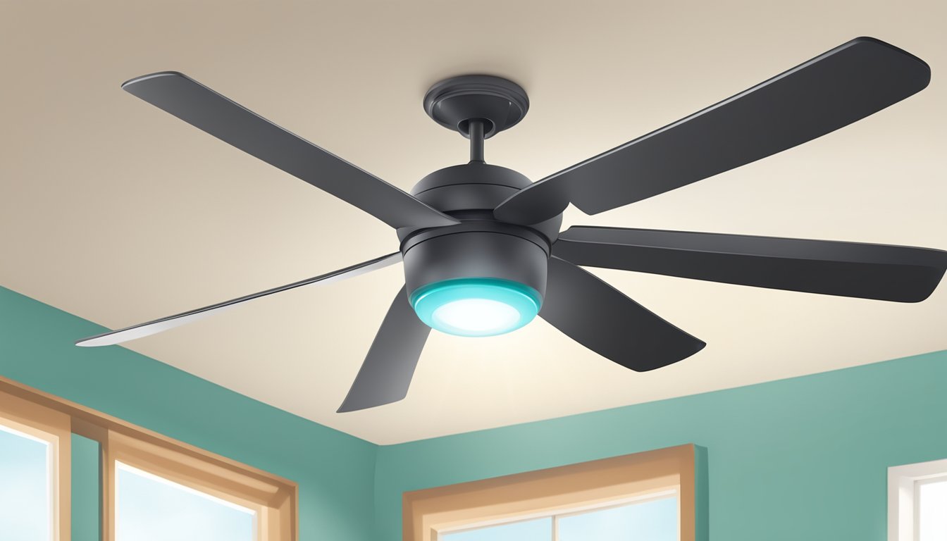 A ceiling fan with a built-in light and remote control hanging from the center of a room, spinning slowly