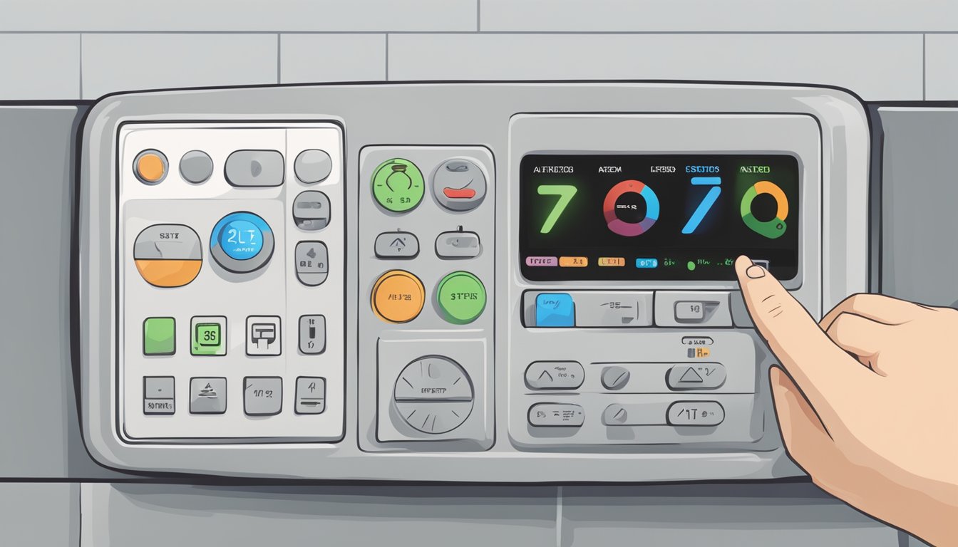 A hand adjusting a Mitsubishi aircon controller with various symbols displayed on the screen