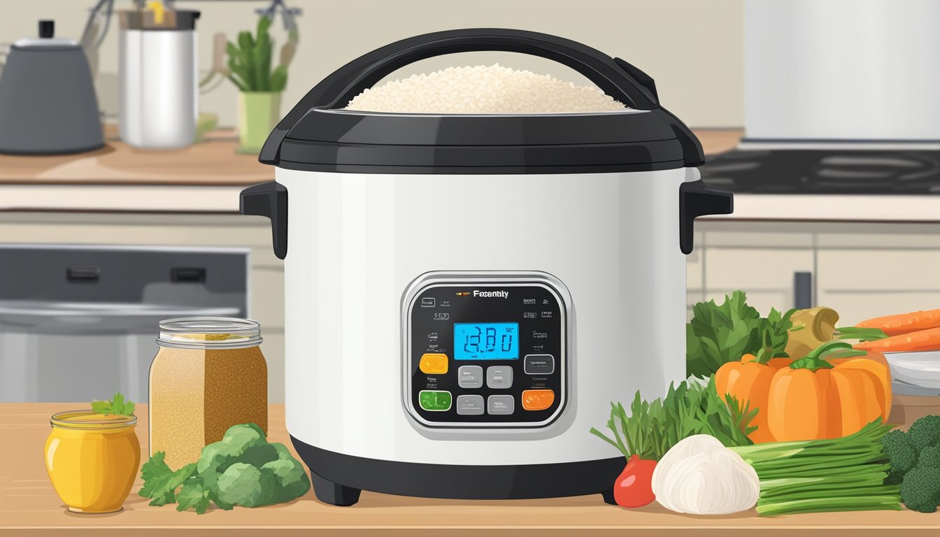 A rice cooker surrounded by ingredients like rice, vegetables, and seasonings on a kitchen countertop. An open recipe book with "Frequently Asked Questions simple rice cooker recipes" is nearby