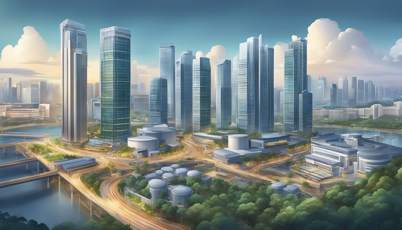 An industrial cityscape with high-rise buildings and factories, showcasing the innovation and technology of mechanical engineering in Singapore