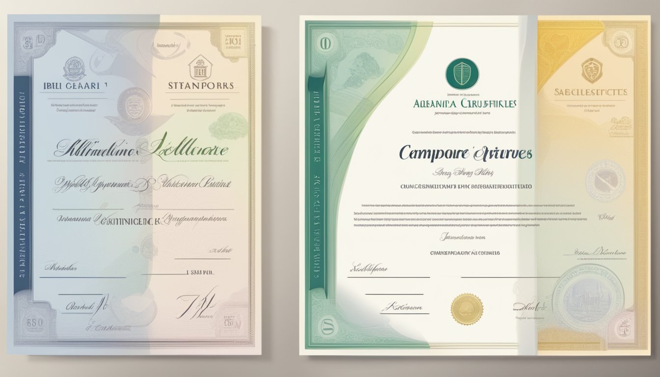 A diploma and degree certificates with salary figures in Singapore