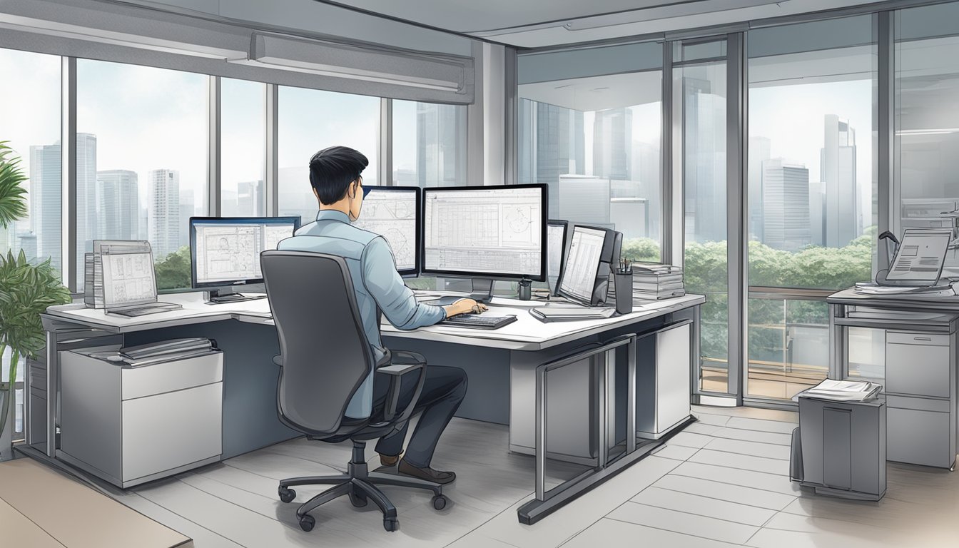 A mechanical engineer working in an office in Singapore, with a computer, engineering drawings, and a salary report on the desk