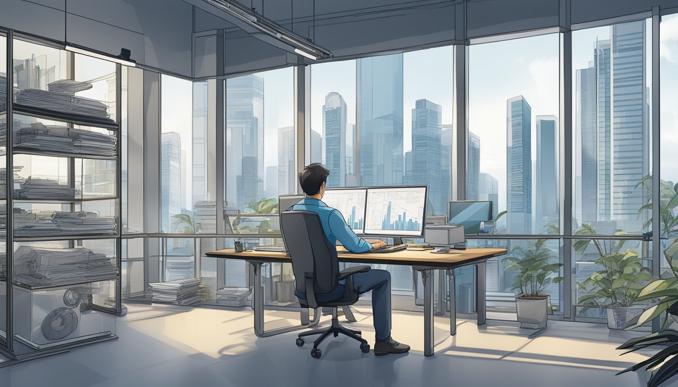 A mechanical engineer works at a desk in a modern office in Singapore, surrounded by engineering drawings and computer monitors. The city skyline is visible through the window, showcasing the urban environment
