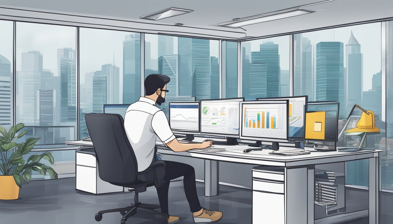 A mechanical engineer in Singapore receives a competitive salary. The scene depicts a modern office setting with a computer, engineering drawings, and a paycheck