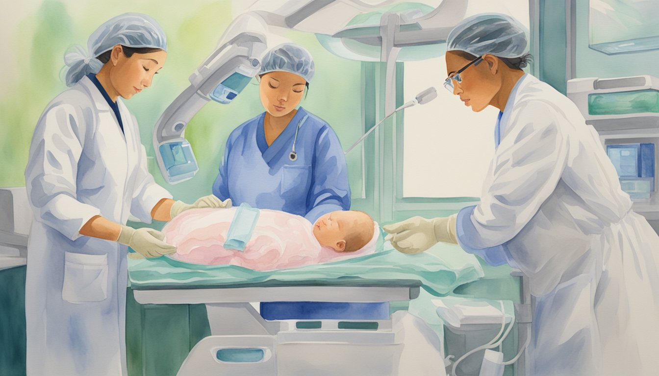 An embryo being transferred into a surrogate's womb, with medical professionals overseeing the procedure