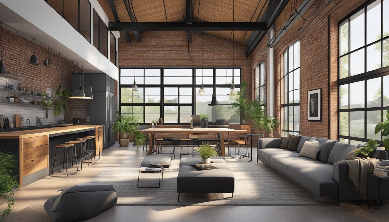 An industrial house design with exposed brick, metal beams, large windows, and minimalist furniture