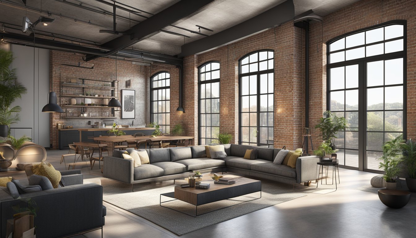 An open-concept living area with exposed brick walls, high ceilings, and modern industrial furnishings. Large windows let in natural light, while metal accents and concrete floors add to the industrial aesthetic