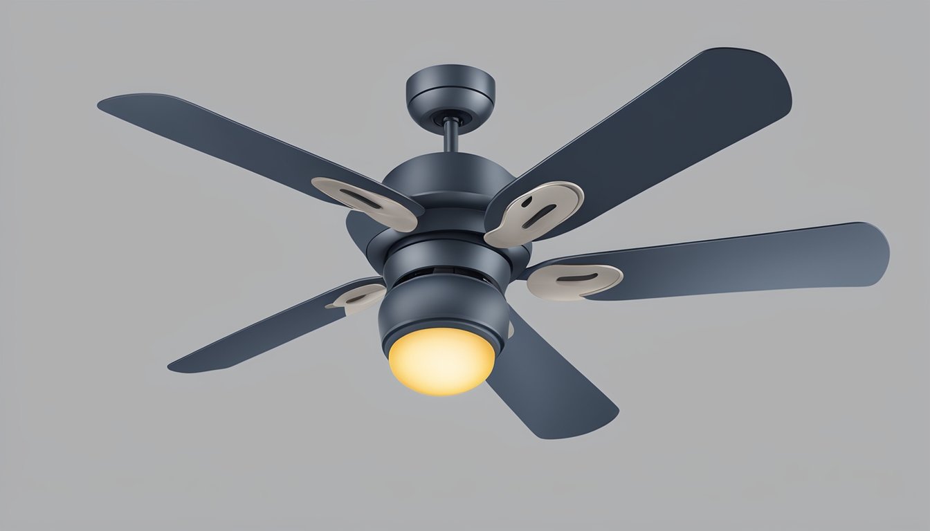 A spinning HDB ceiling fan with four blades and a light fixture