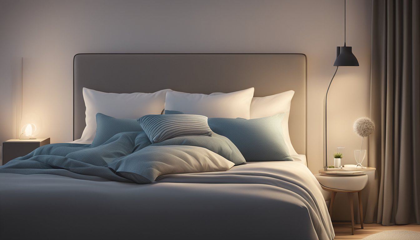 A Dunlopillo pillow resting on a bed, surrounded by soft, fluffy blankets and a dimly lit bedside lamp