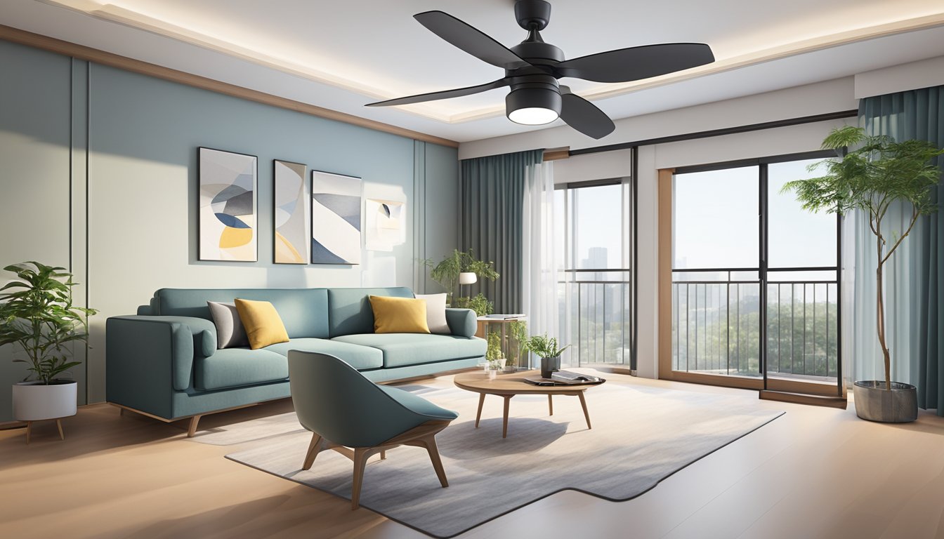 A ceiling fan hangs from the center of a HDB apartment living room, with three sleek blades and a modern, minimalist design