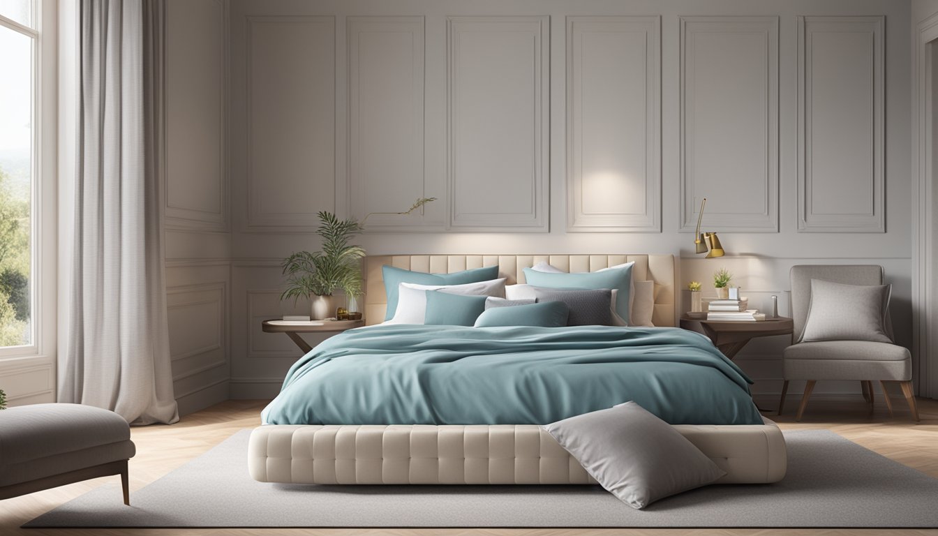 A luxurious bedroom with a neatly made bed, featuring a stack of Dunlopillo pillows with their signature latex foam filling, and a soft, breathable pillowcase