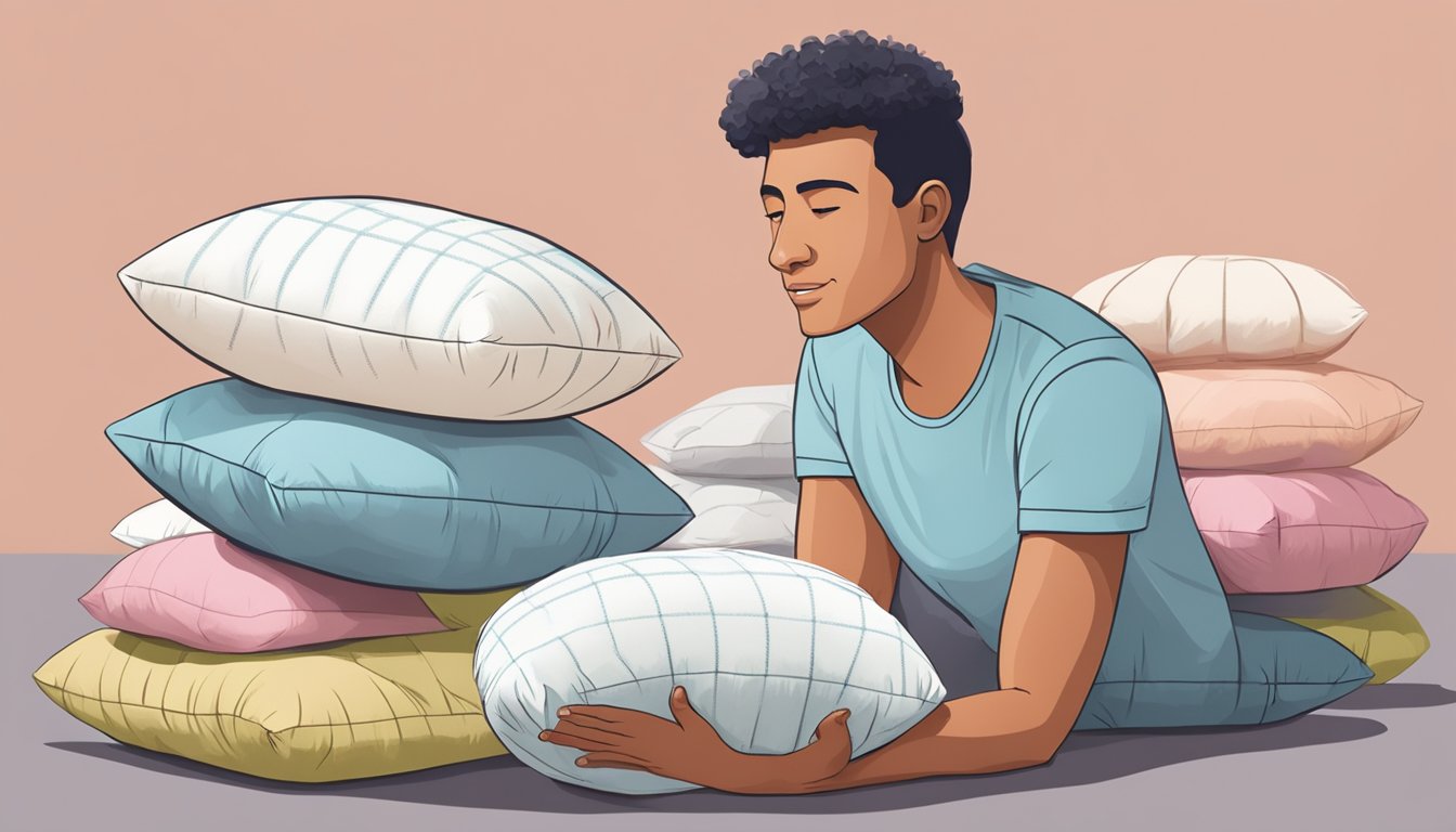 A person holding and comparing different Dunlopillo pillows, with a thoughtful expression on their face