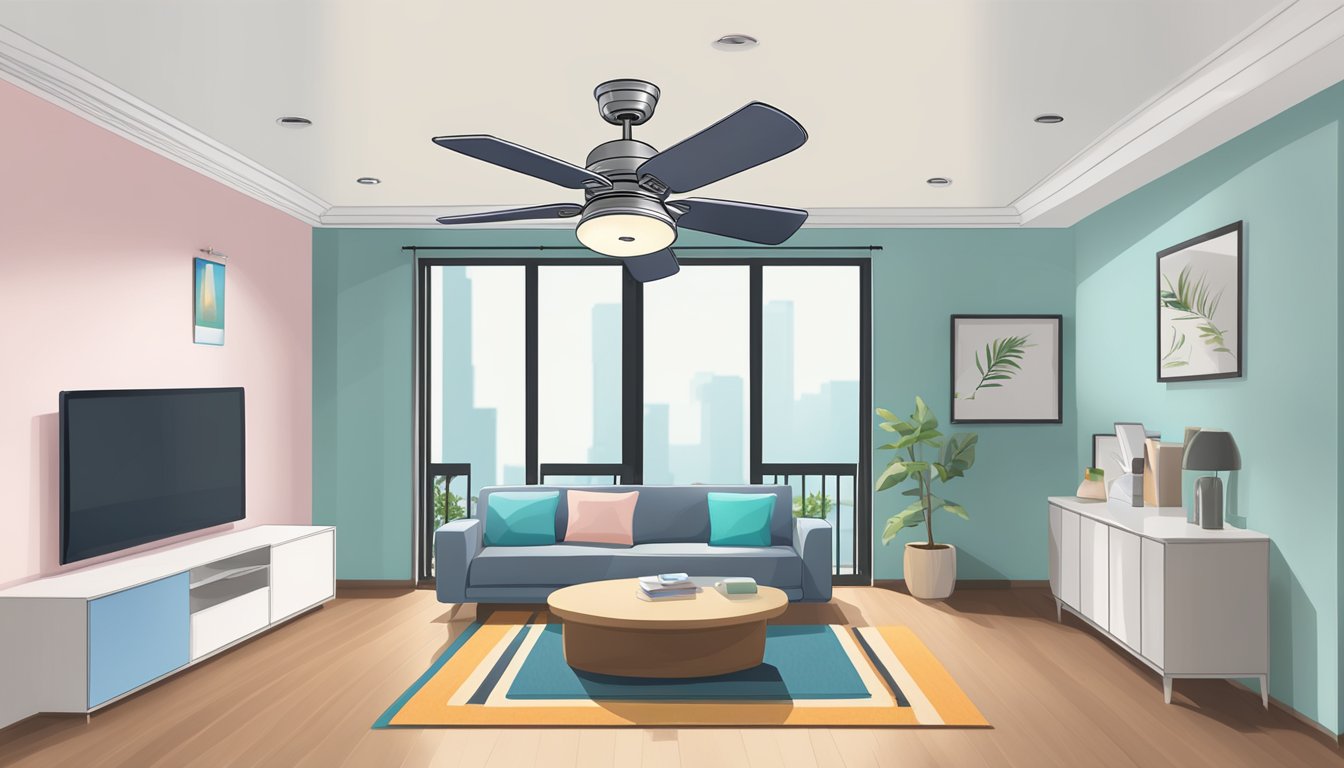 A ceiling fan installed in an HDB flat, with a FAQ sign nearby