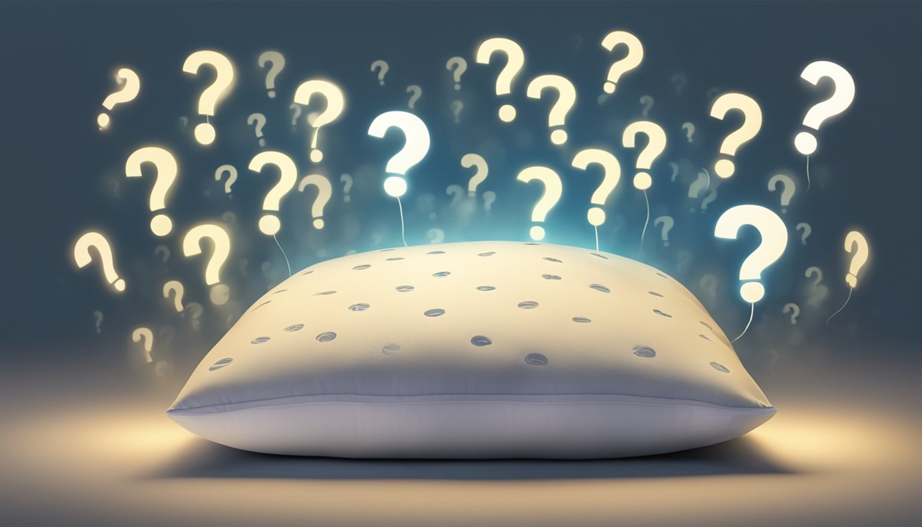 A dunlopillo pillow surrounded by question marks, with a spotlight shining on it