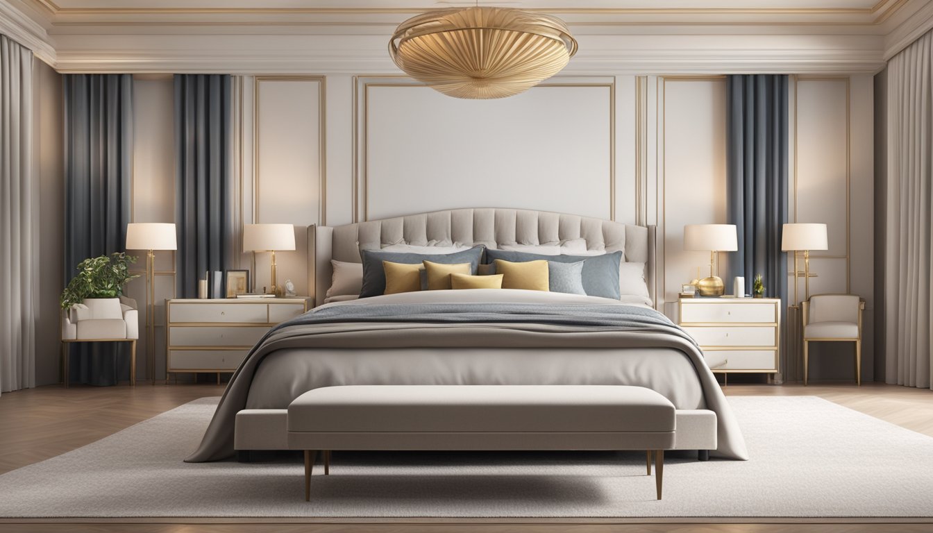 A spacious bedroom with a grand super king size bed, featuring a wide headboard and luxurious bedding, set against a backdrop of elegant drapes and a plush carpet