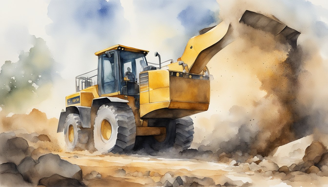 An earth mover in action, scooping up dirt and rocks with its heavy machinery, creating a cloud of dust and debris as it works on a construction site