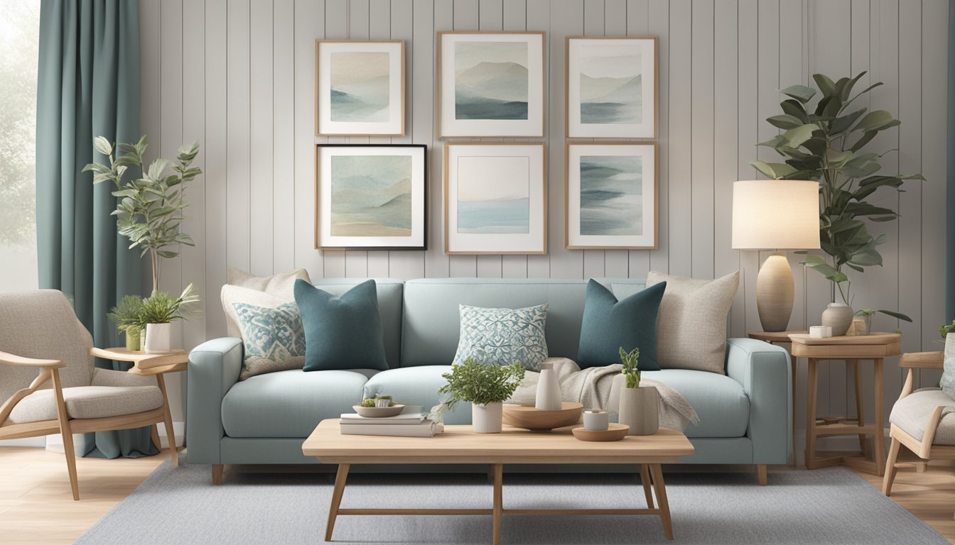 A cozy living room with light wood furniture, soft blue and gray textiles, and accents of muted green and warm neutral tones