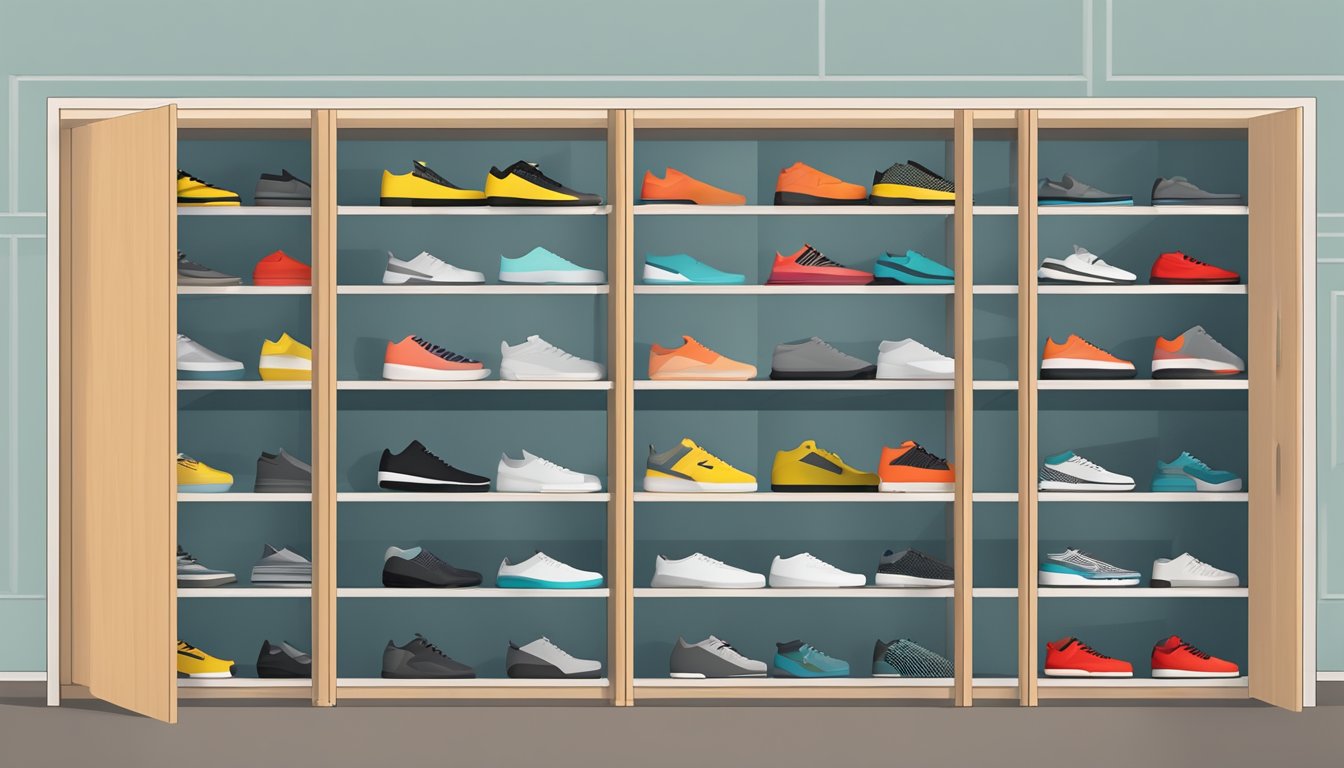 A shoe cabinet with slotted ventilation panels on the sides and back, allowing air circulation