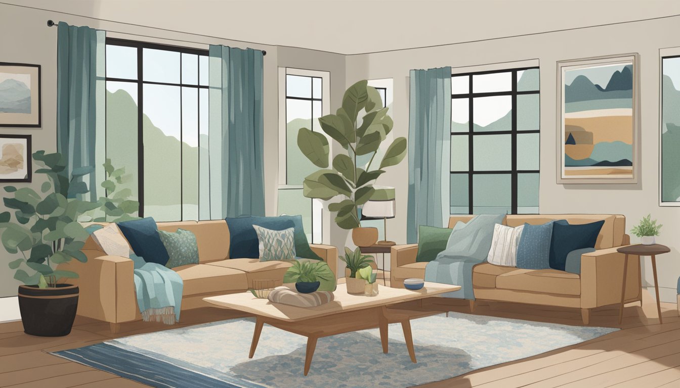 A cozy living room with warm, earthy tones and pops of cool blues and greens. Light wood furniture and soft textiles create a relaxed, inviting atmosphere