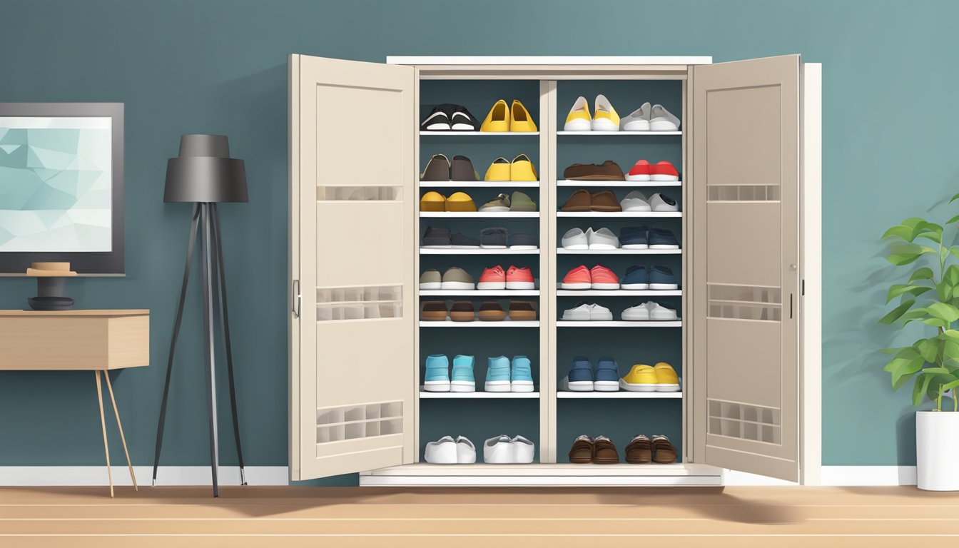 A shoe cabinet with slotted shelves and open doors for ventilation