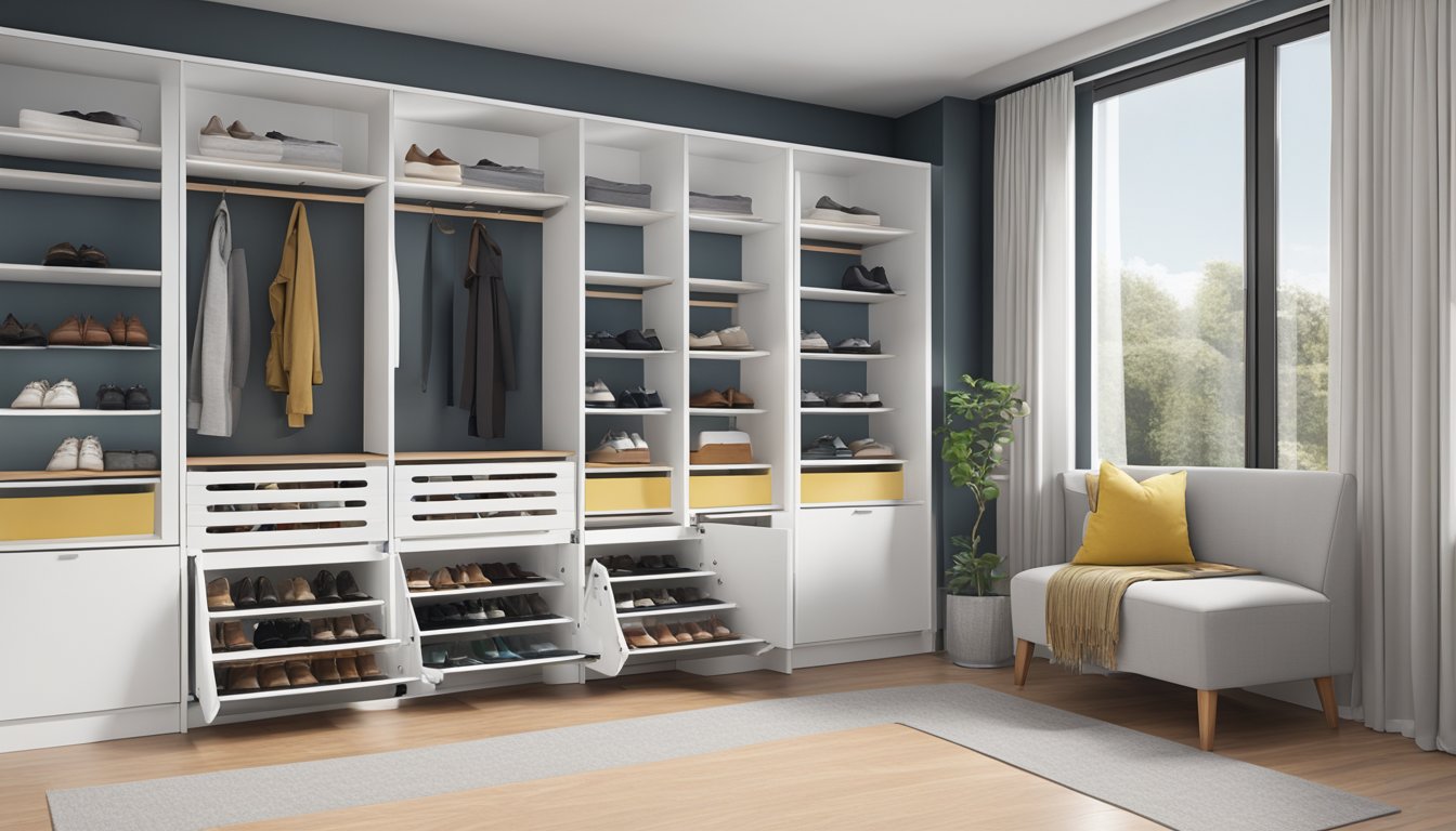 A sleek shoe cabinet with adjustable shelves and ventilation slots, maximizing storage and style in a modern entryway